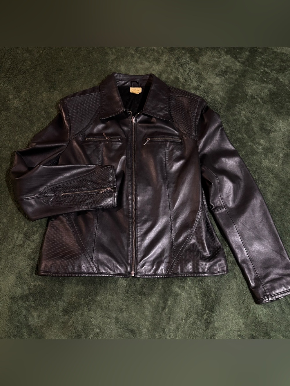 Caslon Large black genuine leather Moto jacket with collar. Front zipper pocket